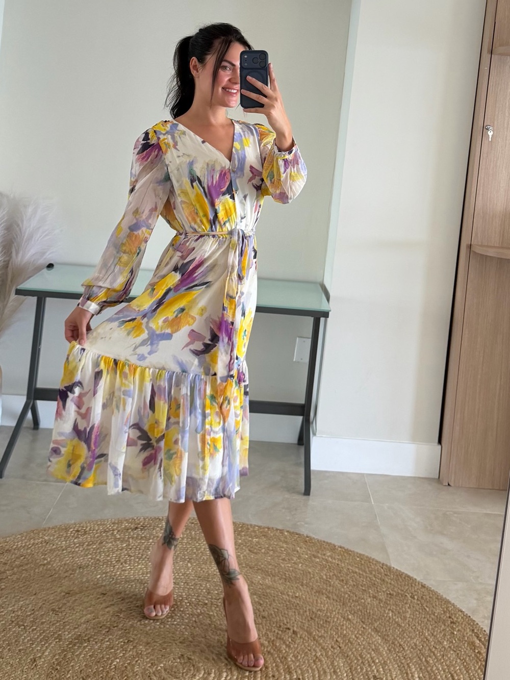 DKNY White Floral V-Neck Tiered Midi Dress with Yellow & Purple